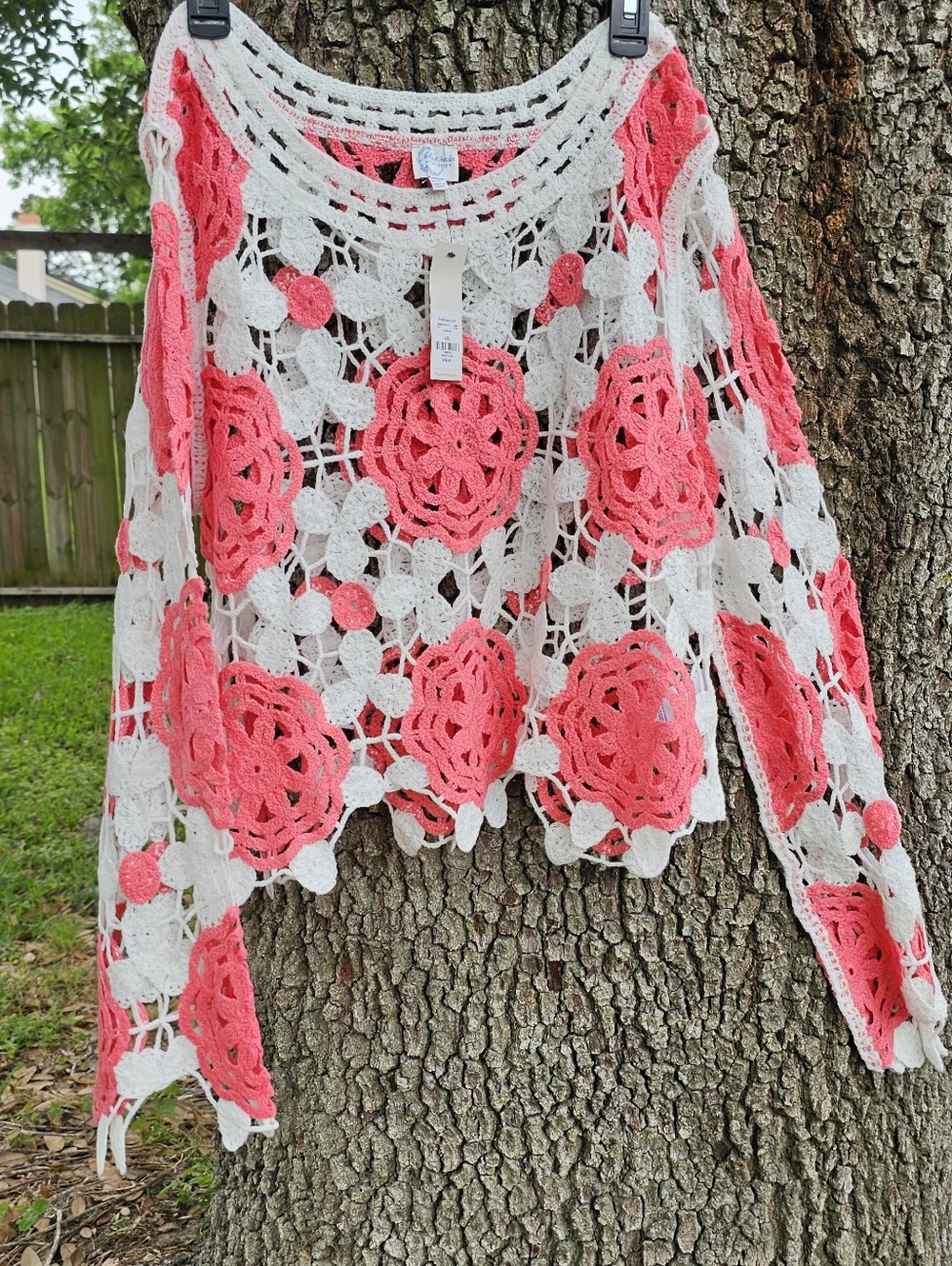 Francesca's Coral & Cream Crochet Floral Top